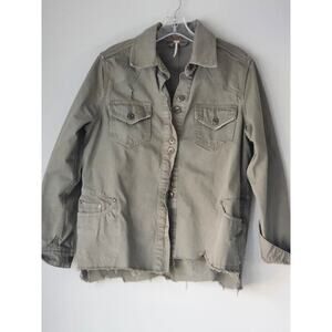 Free People Moonchild Denim Jacket Green Distressed Raw Hem Size XS A0067
